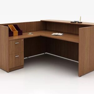 Modern L‑Shaped Wooden Reception Desk with Raised Counter (Ref: RRD0001)