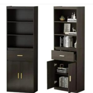 Tall Wooden Bookshelf with Drawer and Cabinet